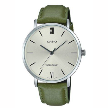 Casio General MTP-VT01L-3B Quartz Analog Silver Dial Stainless Steel Case & Green Leather Strap Men's Watch